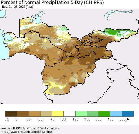 Central Asia Percent of Normal Precipitation 5-Day (CHIRPS) Thematic Map For 11/21/2022 - 11/25/2022