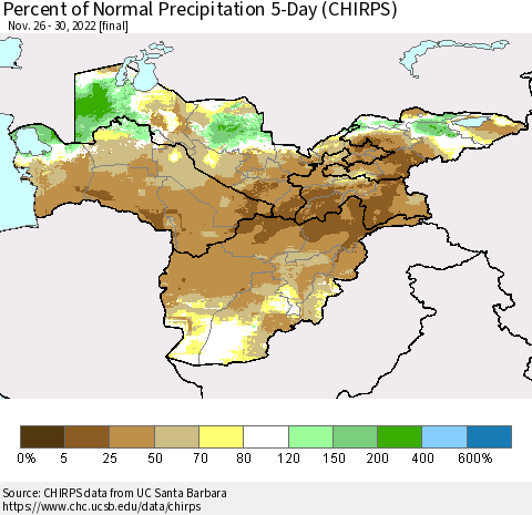 Central Asia Percent of Normal Precipitation 5-Day (CHIRPS) Thematic Map For 11/26/2022 - 11/30/2022