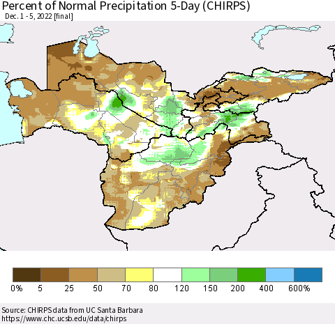 Central Asia Percent of Normal Precipitation 5-Day (CHIRPS) Thematic Map For 12/1/2022 - 12/5/2022