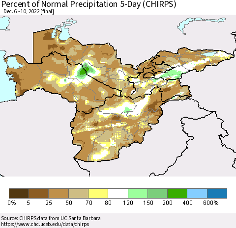 Central Asia Percent of Normal Precipitation 5-Day (CHIRPS) Thematic Map For 12/6/2022 - 12/10/2022