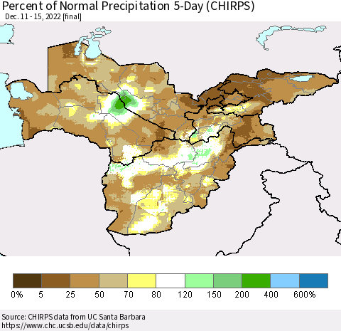 Central Asia Percent of Normal Precipitation 5-Day (CHIRPS) Thematic Map For 12/11/2022 - 12/15/2022
