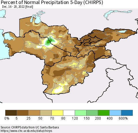 Central Asia Percent of Normal Precipitation 5-Day (CHIRPS) Thematic Map For 12/16/2022 - 12/20/2022