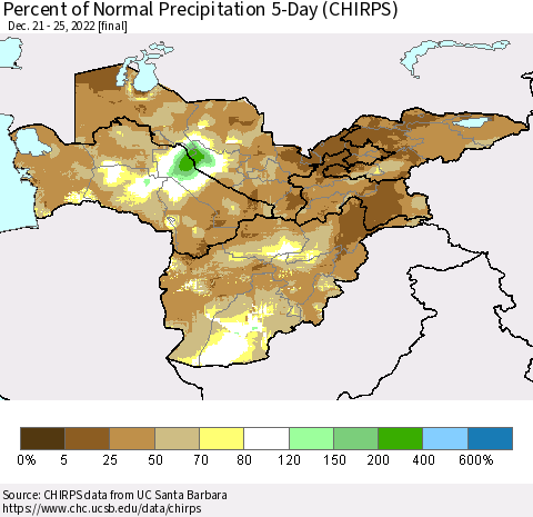 Central Asia Percent of Normal Precipitation 5-Day (CHIRPS) Thematic Map For 12/21/2022 - 12/25/2022