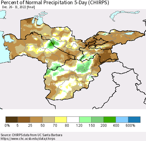 Central Asia Percent of Normal Precipitation 5-Day (CHIRPS) Thematic Map For 12/26/2022 - 12/31/2022