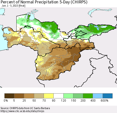 Central Asia Percent of Normal Precipitation 5-Day (CHIRPS) Thematic Map For 1/1/2023 - 1/5/2023
