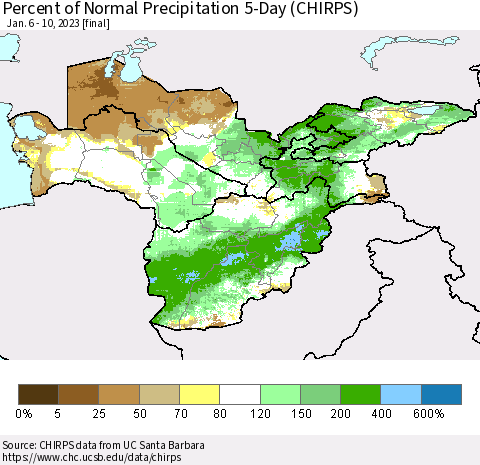Central Asia Percent of Normal Precipitation 5-Day (CHIRPS) Thematic Map For 1/6/2023 - 1/10/2023
