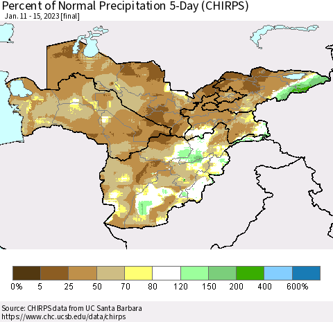 Central Asia Percent of Normal Precipitation 5-Day (CHIRPS) Thematic Map For 1/11/2023 - 1/15/2023