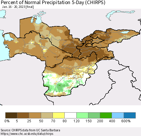 Central Asia Percent of Normal Precipitation 5-Day (CHIRPS) Thematic Map For 1/16/2023 - 1/20/2023