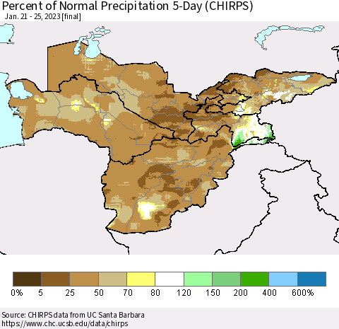 Central Asia Percent of Normal Precipitation 5-Day (CHIRPS) Thematic Map For 1/21/2023 - 1/25/2023