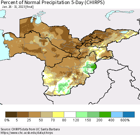 Central Asia Percent of Normal Precipitation 5-Day (CHIRPS) Thematic Map For 1/26/2023 - 1/31/2023