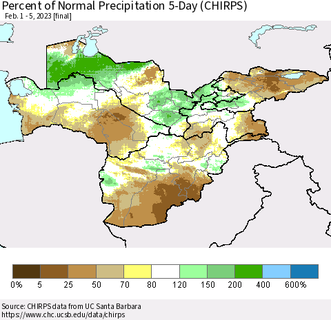 Central Asia Percent of Normal Precipitation 5-Day (CHIRPS) Thematic Map For 2/1/2023 - 2/5/2023