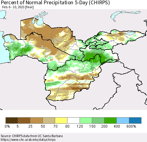 Central Asia Percent of Normal Precipitation 5-Day (CHIRPS) Thematic Map For 2/6/2023 - 2/10/2023