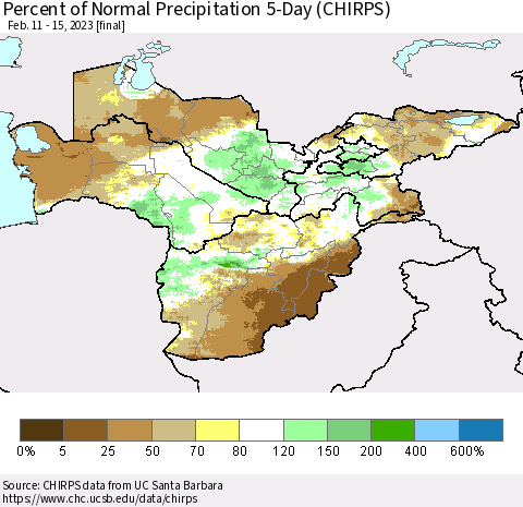 Central Asia Percent of Normal Precipitation 5-Day (CHIRPS) Thematic Map For 2/11/2023 - 2/15/2023