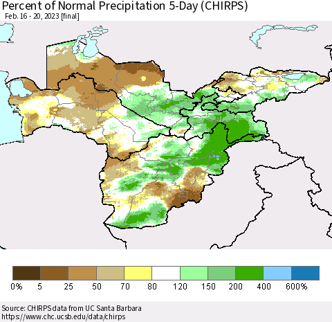 Central Asia Percent of Normal Precipitation 5-Day (CHIRPS) Thematic Map For 2/16/2023 - 2/20/2023