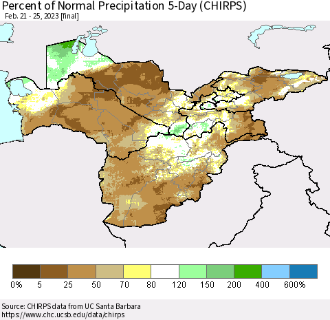 Central Asia Percent of Normal Precipitation 5-Day (CHIRPS) Thematic Map For 2/21/2023 - 2/25/2023