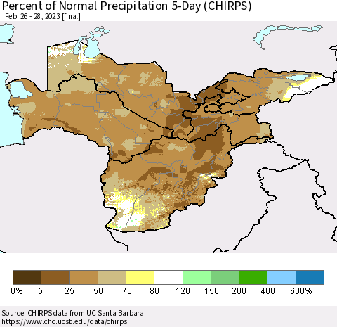 Central Asia Percent of Normal Precipitation 5-Day (CHIRPS) Thematic Map For 2/26/2023 - 2/28/2023