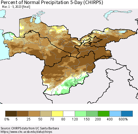 Central Asia Percent of Normal Precipitation 5-Day (CHIRPS) Thematic Map For 3/1/2023 - 3/5/2023
