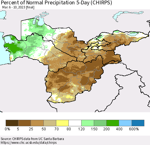 Central Asia Percent of Normal Precipitation 5-Day (CHIRPS) Thematic Map For 3/6/2023 - 3/10/2023