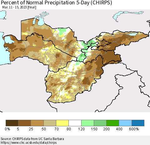Central Asia Percent of Normal Precipitation 5-Day (CHIRPS) Thematic Map For 3/11/2023 - 3/15/2023