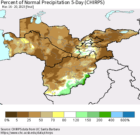 Central Asia Percent of Normal Precipitation 5-Day (CHIRPS) Thematic Map For 3/16/2023 - 3/20/2023