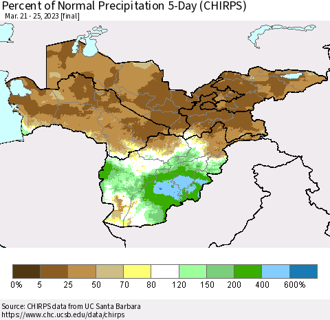 Central Asia Percent of Normal Precipitation 5-Day (CHIRPS) Thematic Map For 3/21/2023 - 3/25/2023