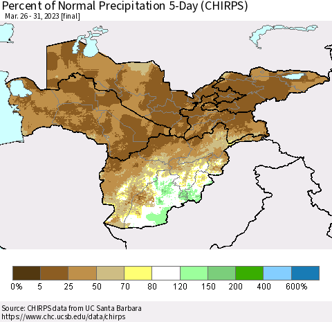 Central Asia Percent of Normal Precipitation 5-Day (CHIRPS) Thematic Map For 3/26/2023 - 3/31/2023