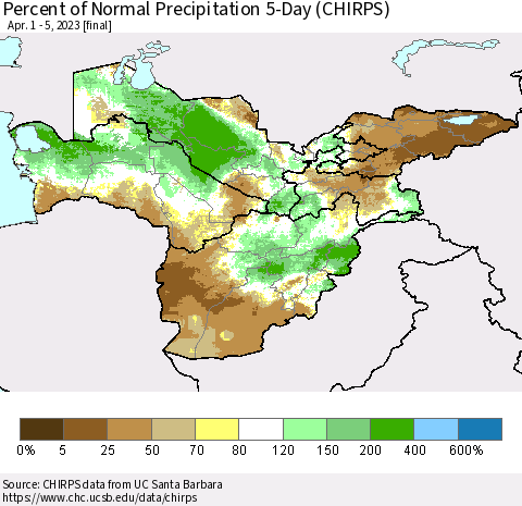 Central Asia Percent of Normal Precipitation 5-Day (CHIRPS) Thematic Map For 4/1/2023 - 4/5/2023