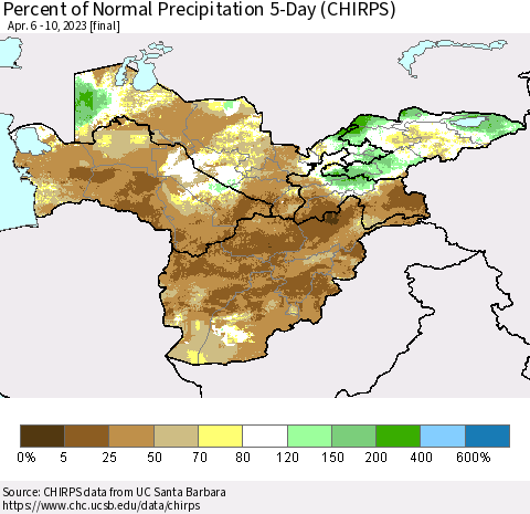 Central Asia Percent of Normal Precipitation 5-Day (CHIRPS) Thematic Map For 4/6/2023 - 4/10/2023