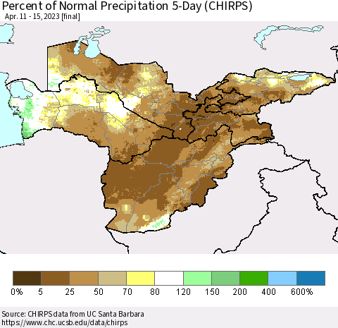 Central Asia Percent of Normal Precipitation 5-Day (CHIRPS) Thematic Map For 4/11/2023 - 4/15/2023