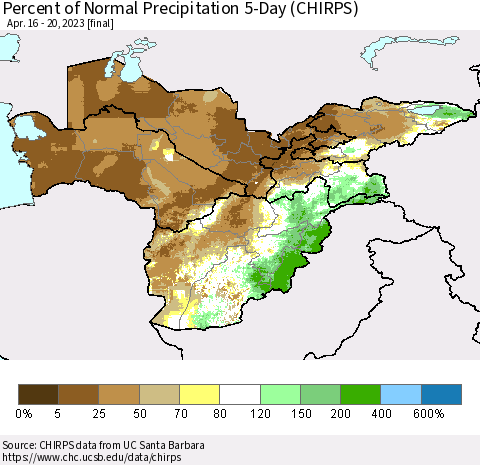 Central Asia Percent of Normal Precipitation 5-Day (CHIRPS) Thematic Map For 4/16/2023 - 4/20/2023