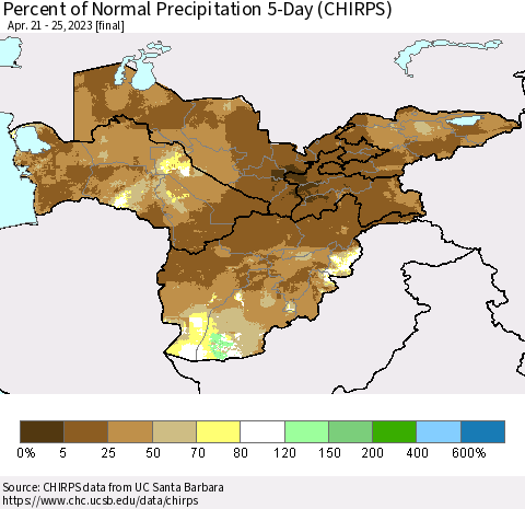 Central Asia Percent of Normal Precipitation 5-Day (CHIRPS) Thematic Map For 4/21/2023 - 4/25/2023