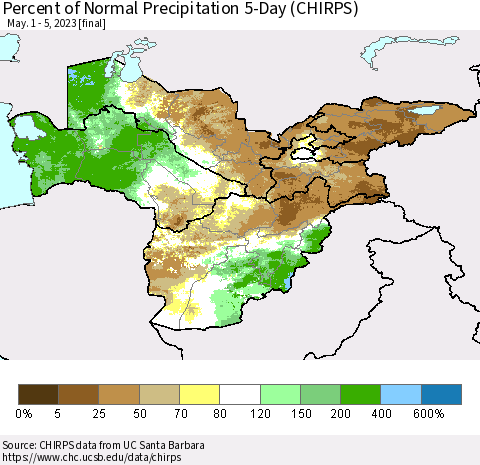 Central Asia Percent of Normal Precipitation 5-Day (CHIRPS) Thematic Map For 5/1/2023 - 5/5/2023