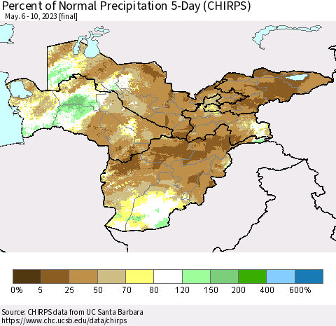 Central Asia Percent of Normal Precipitation 5-Day (CHIRPS) Thematic Map For 5/6/2023 - 5/10/2023
