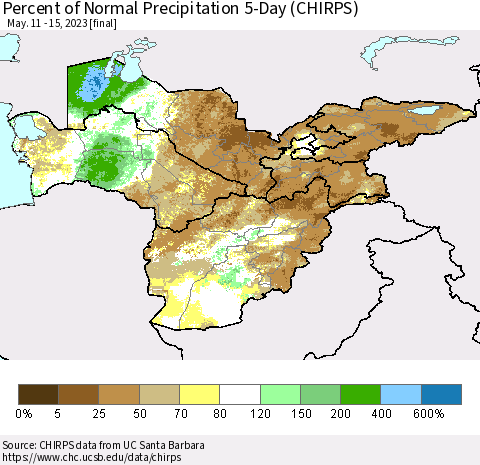 Central Asia Percent of Normal Precipitation 5-Day (CHIRPS) Thematic Map For 5/11/2023 - 5/15/2023