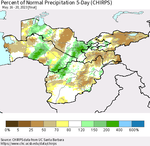 Central Asia Percent of Normal Precipitation 5-Day (CHIRPS) Thematic Map For 5/16/2023 - 5/20/2023