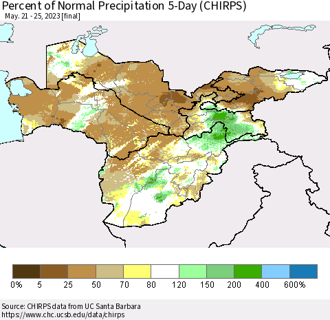 Central Asia Percent of Normal Precipitation 5-Day (CHIRPS) Thematic Map For 5/21/2023 - 5/25/2023