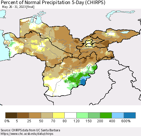Central Asia Percent of Normal Precipitation 5-Day (CHIRPS) Thematic Map For 5/26/2023 - 5/31/2023