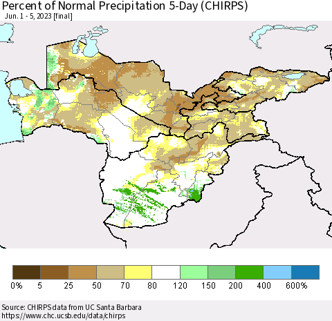 Central Asia Percent of Normal Precipitation 5-Day (CHIRPS) Thematic Map For 6/1/2023 - 6/5/2023