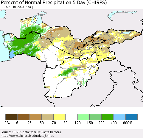 Central Asia Percent of Normal Precipitation 5-Day (CHIRPS) Thematic Map For 6/6/2023 - 6/10/2023