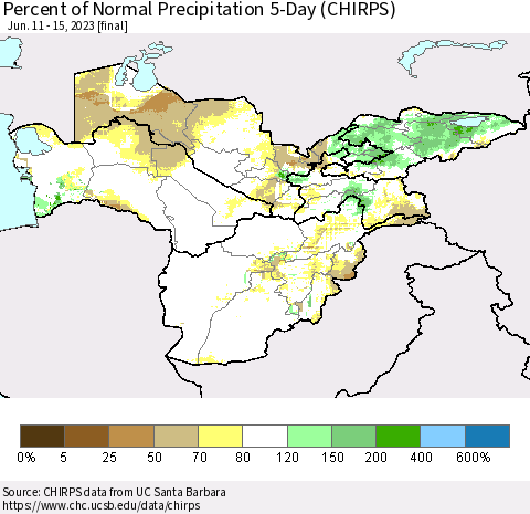 Central Asia Percent of Normal Precipitation 5-Day (CHIRPS) Thematic Map For 6/11/2023 - 6/15/2023