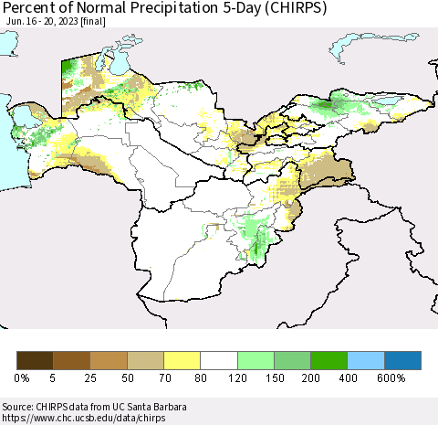 Central Asia Percent of Normal Precipitation 5-Day (CHIRPS) Thematic Map For 6/16/2023 - 6/20/2023