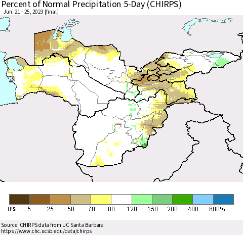 Central Asia Percent of Normal Precipitation 5-Day (CHIRPS) Thematic Map For 6/21/2023 - 6/25/2023