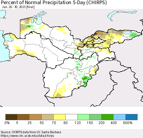 Central Asia Percent of Normal Precipitation 5-Day (CHIRPS) Thematic Map For 6/26/2023 - 6/30/2023