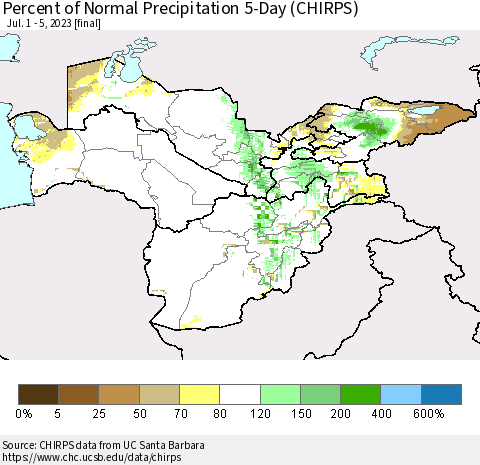 Central Asia Percent of Normal Precipitation 5-Day (CHIRPS) Thematic Map For 7/1/2023 - 7/5/2023