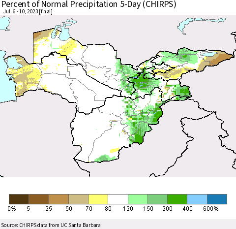 Central Asia Percent of Normal Precipitation 5-Day (CHIRPS) Thematic Map For 7/6/2023 - 7/10/2023