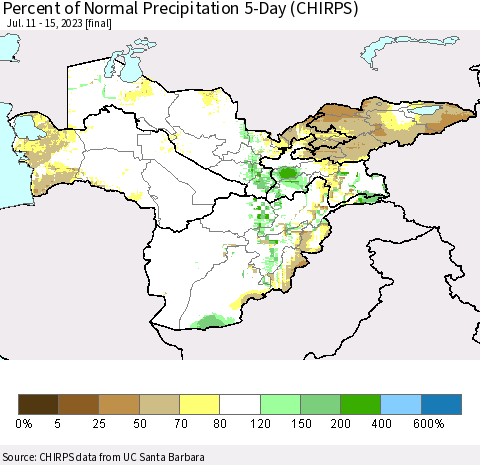 Central Asia Percent of Normal Precipitation 5-Day (CHIRPS) Thematic Map For 7/11/2023 - 7/15/2023
