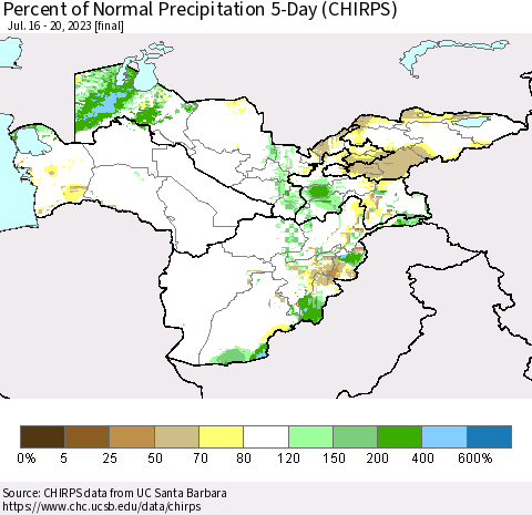 Central Asia Percent of Normal Precipitation 5-Day (CHIRPS) Thematic Map For 7/16/2023 - 7/20/2023
