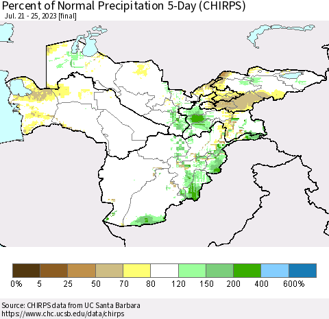 Central Asia Percent of Normal Precipitation 5-Day (CHIRPS) Thematic Map For 7/21/2023 - 7/25/2023
