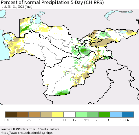 Central Asia Percent of Normal Precipitation 5-Day (CHIRPS) Thematic Map For 7/26/2023 - 7/31/2023