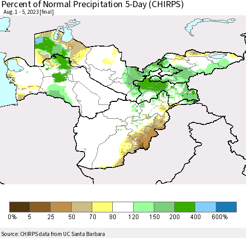 Central Asia Percent of Normal Precipitation 5-Day (CHIRPS) Thematic Map For 8/1/2023 - 8/5/2023